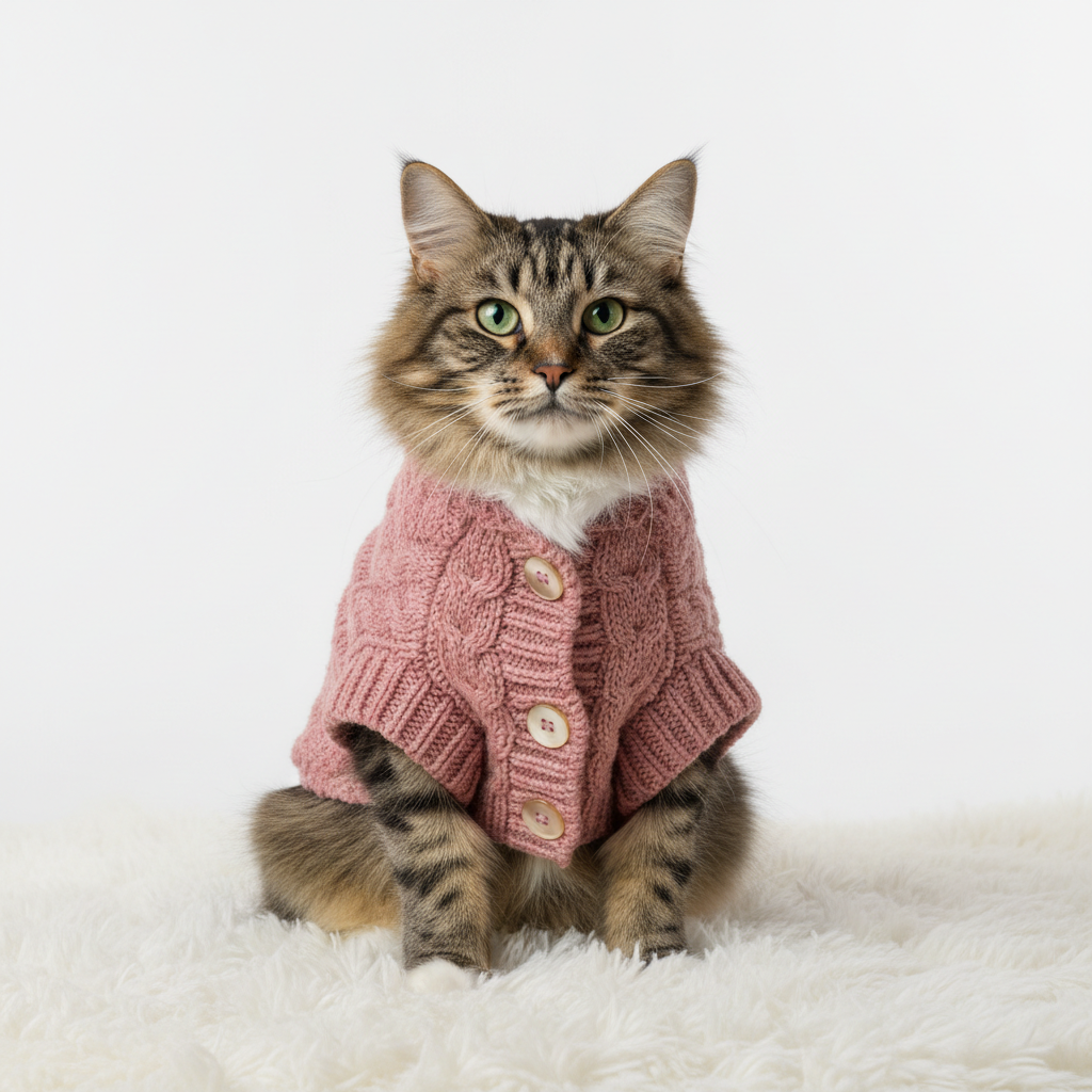 Cat wearing a dusty rose pink knitted button cardigan on white background