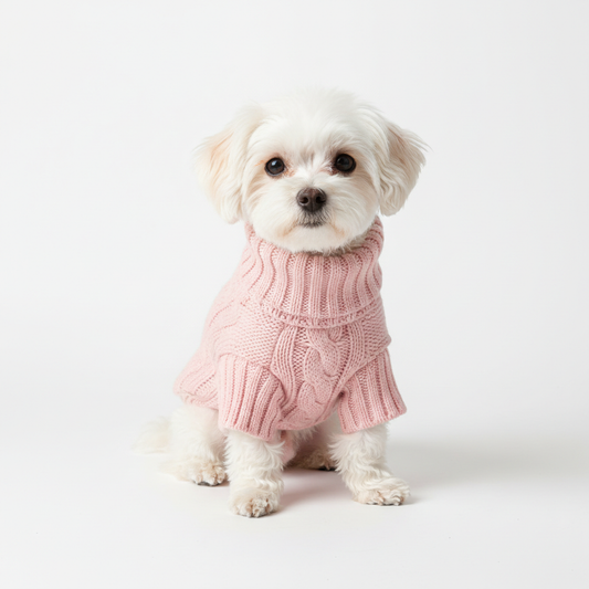 Dog wearing a pastel pink cable knit turtleneck sweater
