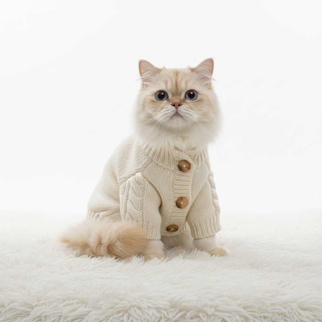 Cat wearing a cream white knitted button cardigan on white background