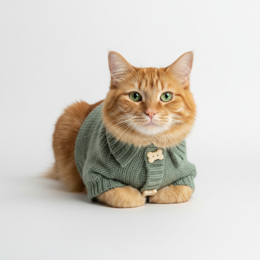 Cat wearing a sage green knitted button cardigan on white background