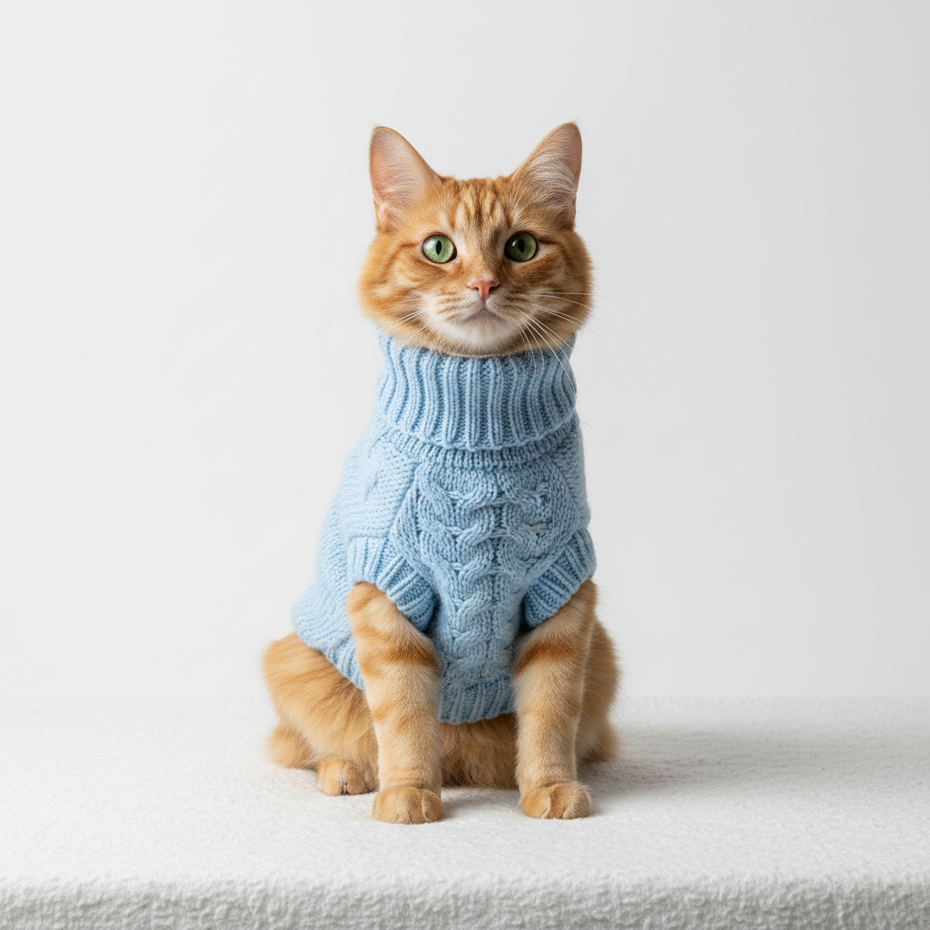 Cat wearing a soft sky blue turtleneck knit sweater on white background