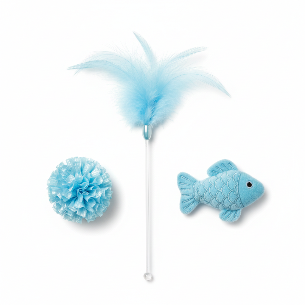 Sky blue cat toy set including feather wand, crinkle ball and fish toy on white background