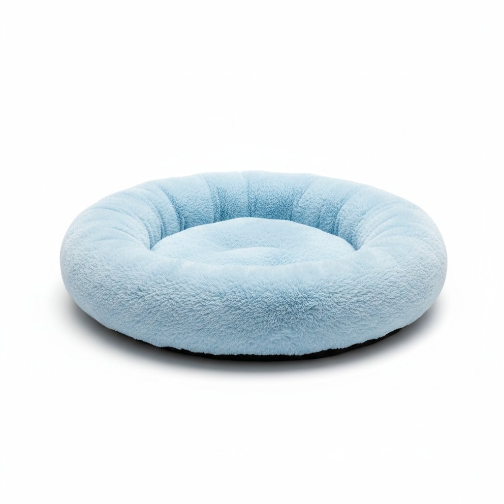 Sky blue round plush donut cat bed on white background