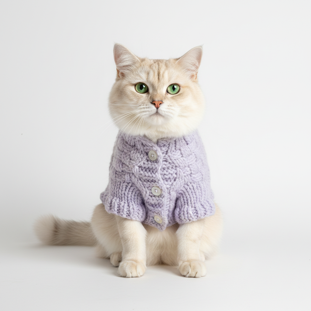 Cat wearing a soft pastel lavender knitted button cardigan